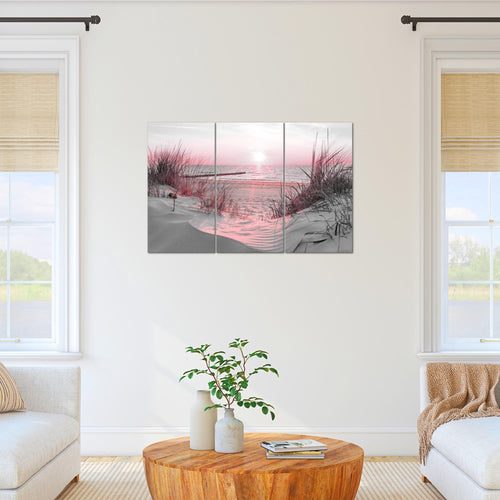 Runa Art Wandbilder Strand Sonnenuntergang Bild XXL Schlafzimmer Wohnzimmer Rosa Grau Meer Natur 120 x 80 cm 3 Teilig 041731b