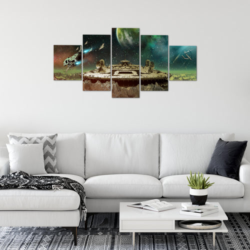 Runa Art Bild Babyzimmer Spielzimmer Kinderzimmer Weltall Raumschiff 5 Teilig Jugendzimmer Türkis Beige Wandbilder auf Vlies Leinwand 611553a