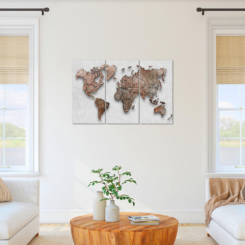Runa Art Wandbilder Weltkarte 3D Effekt Bild XXL Büro Wohnzimmer Grau Braun Kontinente 120 x 80 cm 3 Teilig 107731c