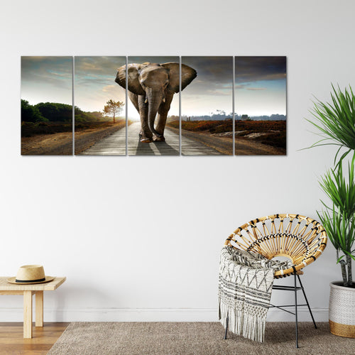 Runa Art Wandbild XXL Afrika Elefant Wohnzimmer Schlafzimmer 200 x 80 cm Braun 5 Teilig - Made in Germany - 042655a