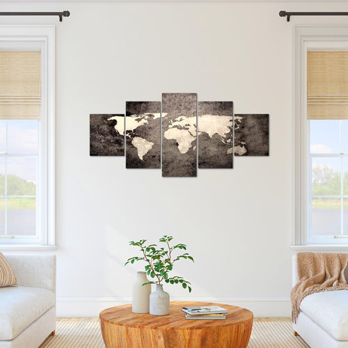 Runa Art Bild Büro Wohnzimmer Weltkarte 5 Teilig Vintage Antik Braun Wandbilder auf Vlies Leinwand 101753c