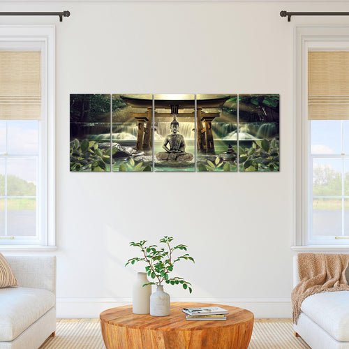 Runa Art Wandbild XXL Feng Shui Buddha Wohnzimmer Schlafzimmer 200 x 80 cm Grün Braun 5 Teilig - Made in Germany - 036455a