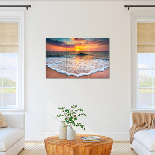 Runa Art Wandbilder Strand Meer Bild XXL Wohnzimmer Schlafzimmer Orange Sonnenuntergang 120 x 80 cm 3 Teilig 044531a