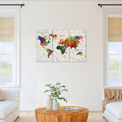 Runa Art Wandbilder Weltkarte Bild XXL Büro Wohnzimmer Grau Bunt Steinwand 120 x 80 cm 3 Teilig 106931b