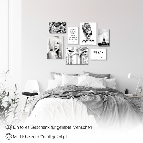 Novart Wandbilder Fashion Coco - KOMPLETT AUFHÄNGFERTIG - Schwarz Weiss Wohnzimmer Schlafzimmer - 7 Moderne Mood-Bilder - N009071a