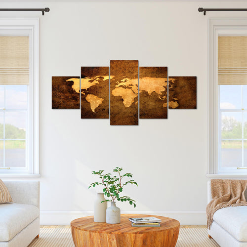Runa Art - Bilder Weltkarte 200 x 100 cm 5 Teilig XXL Wanddekoration Design Gold 101751a