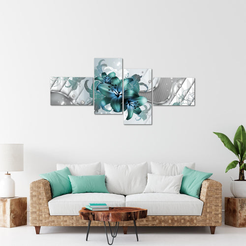 Runa Art Wandbilder Set XXL Blumen LilienWohnzimmer Schlafzimmer Grau Türkis 4 Teilig - Made in Germany - 016545a