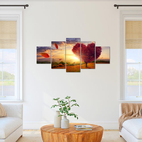 Runa Art Bild Wohnzimmer Schlafzimmer Herbst Baum Herz 5 Teilig Natur Rot Blau Wandbilder auf Vlies Leinwand 605853a