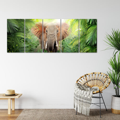 Runa Art Wandbild XXL Elefant Abstrakt Wohnzimmer Schlafzimmer 200 x 80 cm Grün 5 Teilig - Made in Germany - 037555b