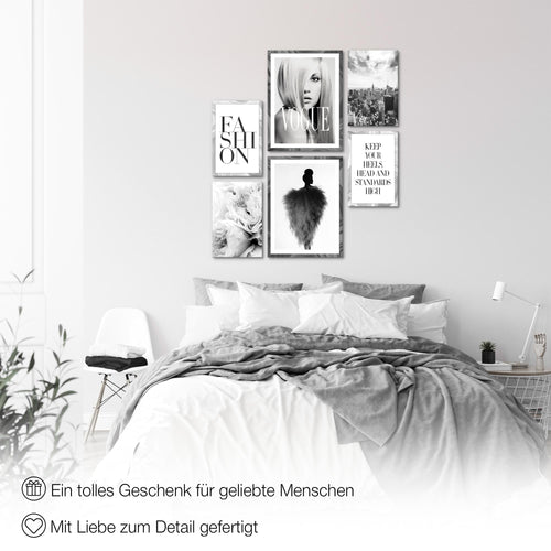 Novart Wandbilder Set Fashion Schwarz Weiss - KEIN EXTRA RAHMEN BENÖTIGT -  Modern Deko  - Wohnzimmer Mädchen Teenager N002163a