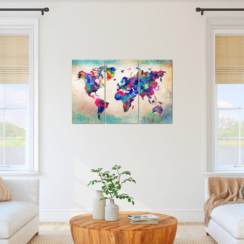 Runa Art Wandbilder Weltkarte Bild XXL Büro Wohnzimmer Bunt Vintage Kontinente 120 x 80 cm 3 Teilig 013331a