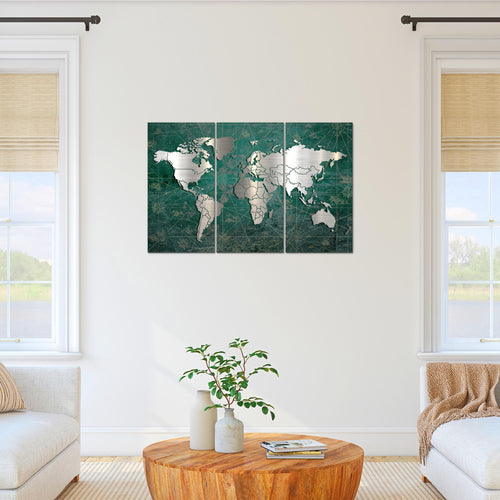 Runa Art Wandbilder Weltkarte Bild XXL Büro Wohnzimmer Grün Silber Vintage 120 x 80 cm 3 Teilig 109031c