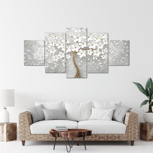 Runa Art - Bilder Blumen 200 x 100 cm 5 Teilig XXL Wanddekoration Design Weiss Gold 039751a