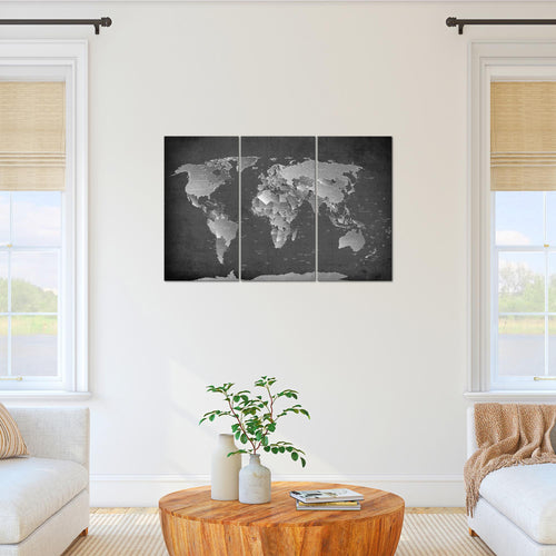 Runa Art Wandbilder Weltkarte Bild XXL Büro Wohnzimmer Schwarz Weiss Landkarte 120 x 80 cm 3 Teilig 107631b