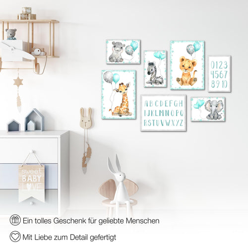 Novart Wandbilder Tiere - KOMPLETT AUFHÄNGFERTIG - Afrika Blau Kinderzimmer Mädchen Junge - 7 Moderne Mood-Bilder - N016671b