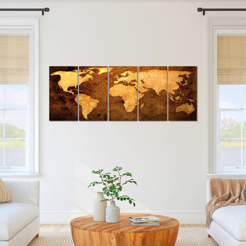 Runa Art Wandbild XXL Weltkarte Büro Wohnzimmer 200 x 80 cm Gold 5 Teilig - Made in Germany - 101755a