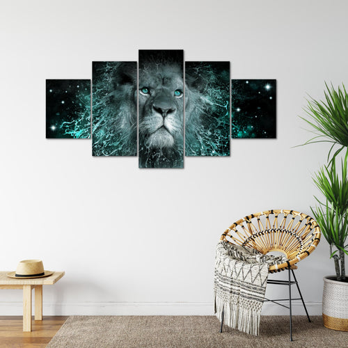 Runa Art Bild Wohnzimmer Schlafzimmer Afrika Löwe 5 Teilig Abstrakt Tiere Schwarz Türkis Wandbilder auf Vlies Leinwand 040753b