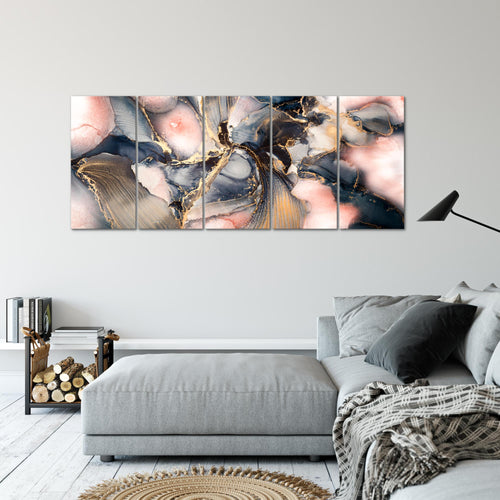 Runa Art Wandbild XXL Abstrakt Wohnzimmer Schlafzimmer 200 x 80 cm blau rosa Gold 5 Teilig - Made in Germany - 043855a