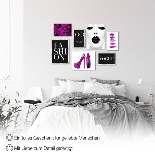 Novart Wandbilder Fashion - KOMPLETT AUFHÄNGFERTIG - Schwarz Weiss Violett Wohnzimmer Mädchen Teenager - 7 Moderne Mood-Bilder - N002271c