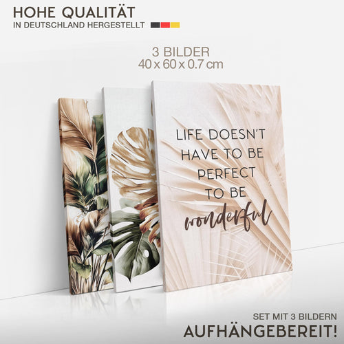 Novart Bilder Set Blumen Pflanzen - KEIN EXTRA RAHMEN BENÖTIGT - Wandbilder für Wohnzimmer Schlafzimmer Büro - 3 Teilig Deko Blätter - N043436a