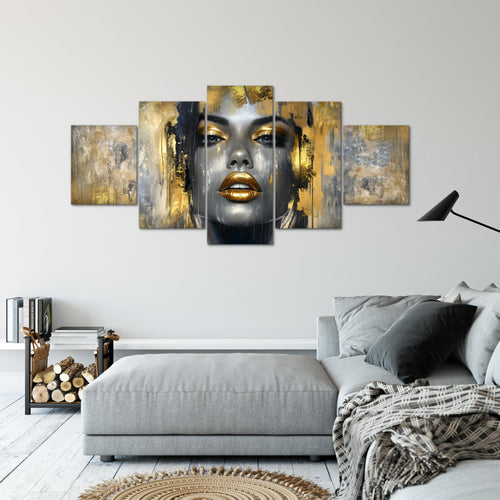 Runa Art - Bilder Abstrakt 200 x 100 cm 5 Teilig XXL Wanddekoration Design Gesicht Gold 052851a