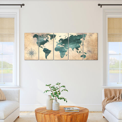 Runa Art Wandbild XXL Weltkarte Büro Wohnzimmer 200 x 80 cm Grün braun 5 Teilig - Made in Germany - 026055a