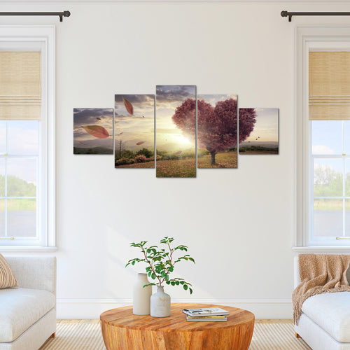 Runa Art - Bilder Herbst Baum Herz 200 x 100 cm 5 Teilig XXL Wanddekoration Design Beige Braun 605851c