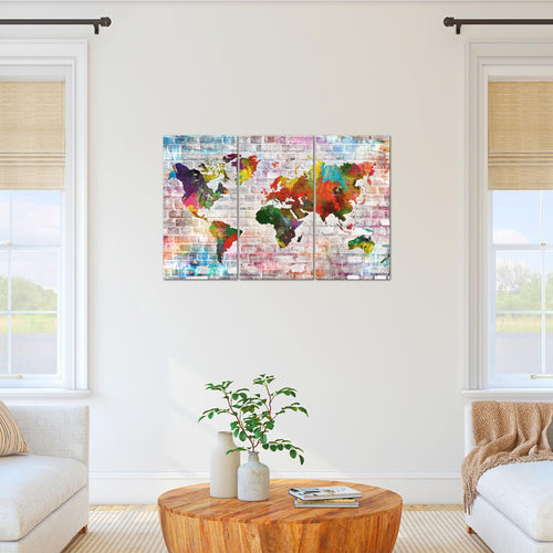 Runa Art Wandbilder Weltkarte Bild XXL Büro Wohnzimmer Bunt Steinoptik Ziegel 120 x 80 cm 3 Teilig 106931a