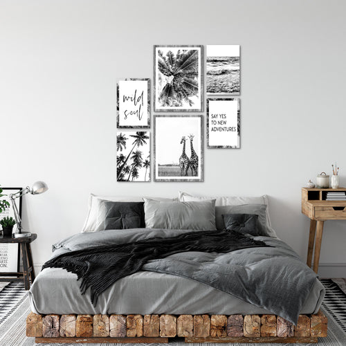 Novart Wandbilder Set Giraffen Palmen Schwarz Weiss - KEIN EXTRA RAHMEN BENÖTIGT -  Modern Deko  - Wohnzimmer Schlafzimmer N014363a