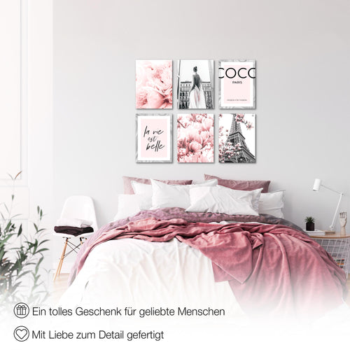 Novart Wandbilder - KEIN EXTRA RAHMEN BENÖTIGT - Wohnzimmer Mädchen Teenager - Bilder Modern Fashion Coco - Grau Rosa - N002465a