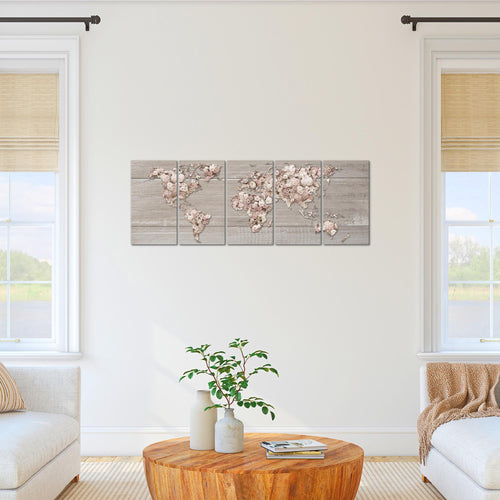 Runa Art Bild Weltkarte Blumen Wandbilder auf Vlies Leinwand 5 Teilig Wanddekoration Wohnzimmer Schlafzimmer 023256c