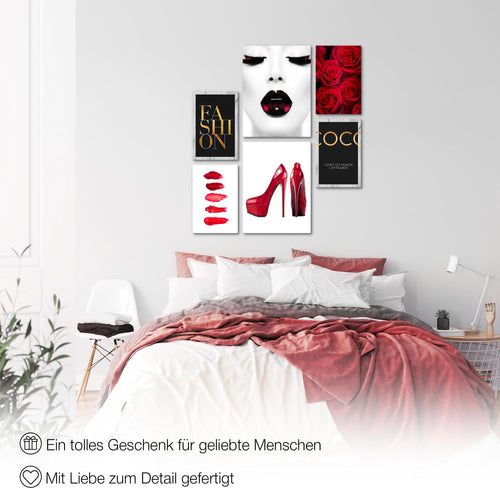 Novart Wandbilder Set Fashion Schwarz Weiss - KEIN EXTRA RAHMEN BENÖTIGT -  Modern Deko  - Wohnzimmer Mädchen Teenager N002263a