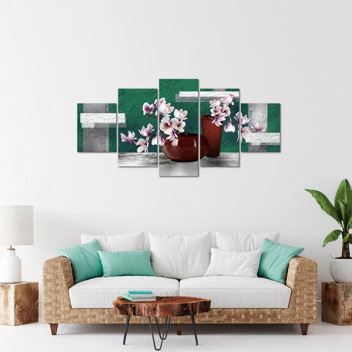Runa Art Bild Wohnzimmer Schlafzimmer Blumen Abstrakt 5 Teilig Blumenvase Türkis Grau Wandbilder auf Vlies Leinwand 035253b