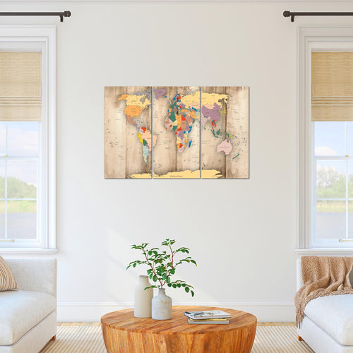 Runa Art Wandbilder Weltkarte Holz Bild XXL Büro Wohnzimmer Biege Kontinente 120 x 80 cm 3 Teilig 108731a