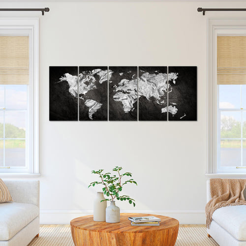 Runa Art Wandbild XXL Weltkarte Büro Wohnzimmer 200 x 80 cm Schwarz Weiss 5 Teilig - Made in Germany - 002955a