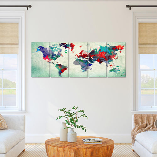 Runa Art Wandbild XXL Weltkarte Büro Wohnzimmer 200 x 80 cm Bunt Grün 5 Teilig - Made in Germany - 105155b