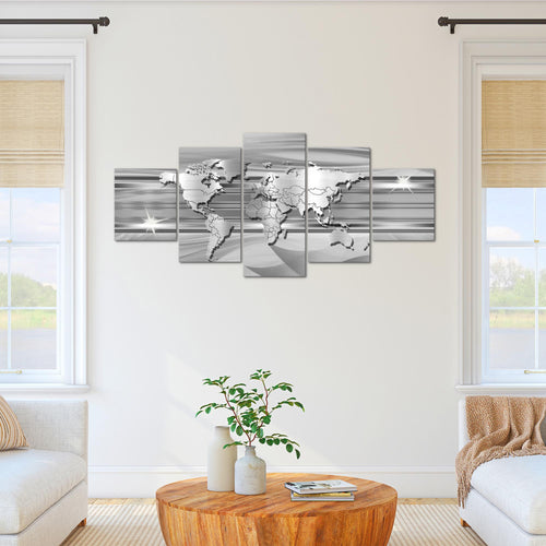 Runa Art - Bilder Weltkarte 200 x 100 cm 5 Teilig XXL Wanddekoration Design Grau 107951b