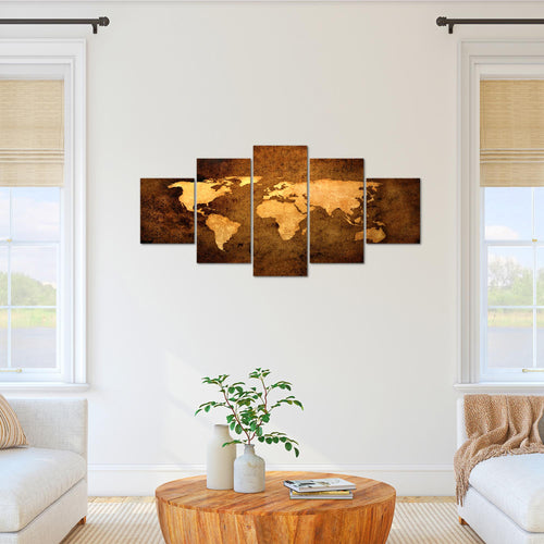 Runa Art Bild Büro Wohnzimmer Weltkarte 5 Teilig Vintage Antik Gold Wandbilder auf Vlies Leinwand 101753a