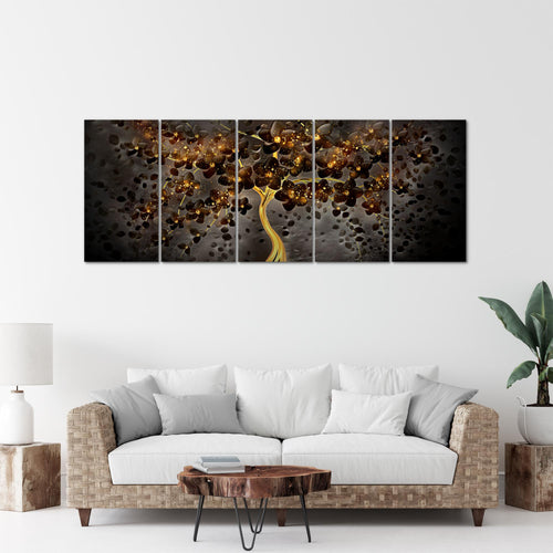 Runa Art Wandbild XXL Blumen Wohnzimmer Schlafzimmer 200 x 80 cm Schwarz Gold 5 Teilig - Made in Germany - 039755c