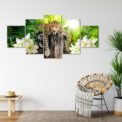Runa Art - Bilder Afrika Leopard 200 x 100 cm 5 Teilig XXL Wanddekoration Design Grün 006751a