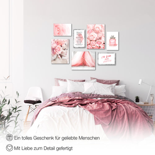 Novart Wandbilder Fashion - KOMPLETT AUFHÄNGFERTIG - Rosa Wohnzimmer Mädchen Teenager - 7 Moderne Mood-Bilder - N015871a