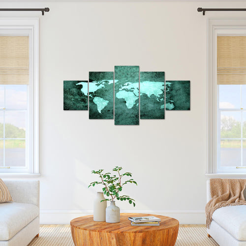 Runa Art Bild Büro Wohnzimmer Weltkarte 5 Teilig Vintage Antik Türkis Wandbilder auf Vlies Leinwand 101753b