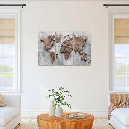 Runa Art Wandbilder Weltkarte 3D Effekt Bild XXL Büro Wohnzimmer Grau Kontinente Stein 120 x 80 cm 3 Teilig 107731a