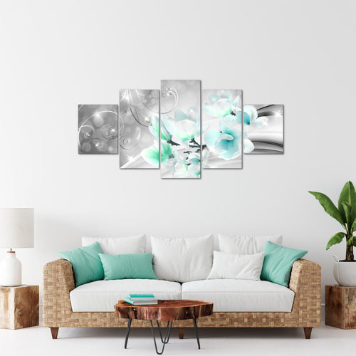 Runa Art Bild Wohnzimmer Schlafzimmer Blumen Abstrakt 5 Teilig Diamant Grau Türkis Wandbilder auf Vlies Leinwand 035353c