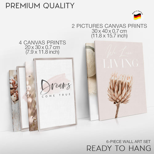 Novart Wandbilder Set Boho Pampasgras Beige Rosa - KEIN EXTRA RAHMEN BENÖTIGT -  Modern Deko  - Wohnzimmer Schlafzimmer N006663a
