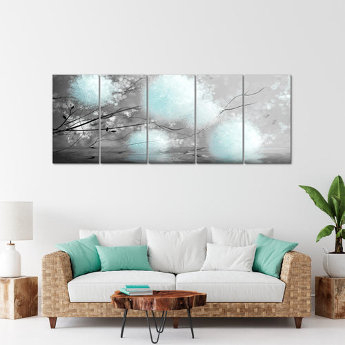 Runa Art Wandbild XXL Pusteblumen Wohnzimmer Schlafzimmer 200 x 80 cm Grau Türkis 5 Teilig - Made in Germany - 044255c