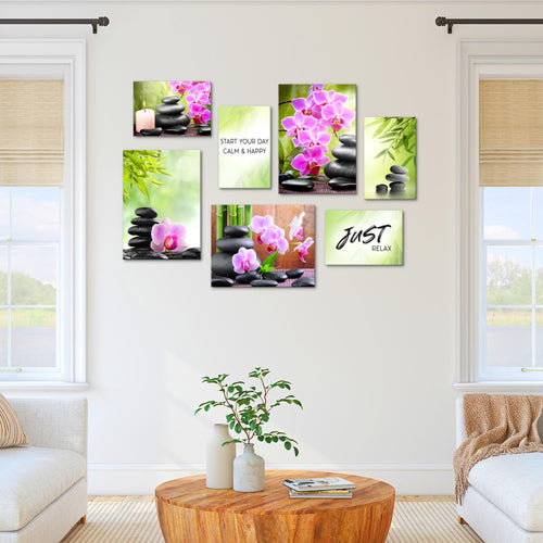 Novart Wandbilder Feng Shui Zen Stein - KOMPLETT AUFHÄNGFERTIG - Grün Lila Wohnzimmer Schlafzimmer - 7 Moderne Mood-Bilder - N003471a