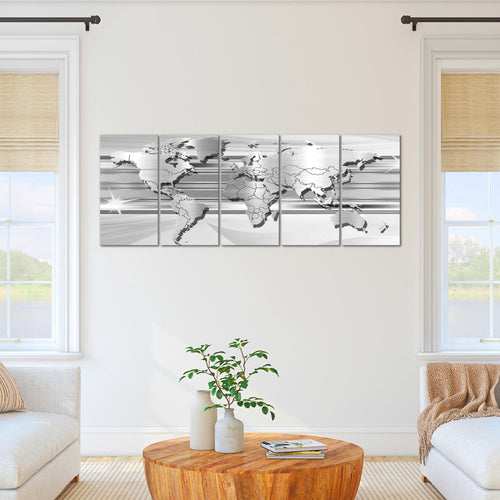 Runa Art Wandbild XXL Weltkarte Büro Wohnzimmer 200 x 80 cm Grau 5 Teilig - Made in Germany - 107955c