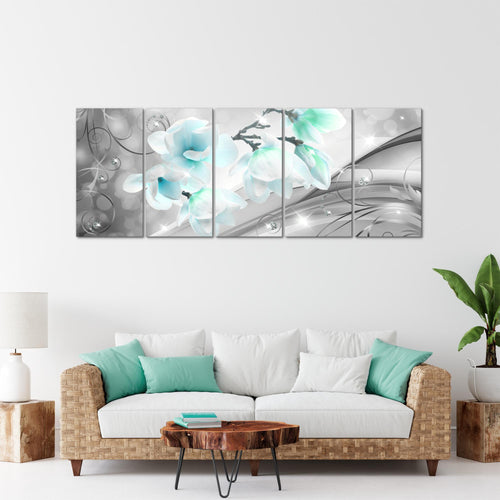 Runa Art Wandbild XXL Blumen Abstrakt Wohnzimmer Schlafzimmer 200 x 80 cm Grau Türkis 5 Teilig - Made in Germany - 035355c
