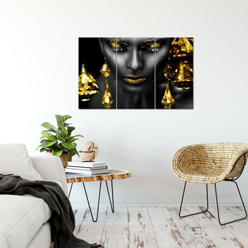 Runa Art Wandbilder Frau Gesicht Lippen Bild XXL Wohnzimmer Schlafzimmer Schwarz Gold Kosmetik Fashion 120 x 80 cm 3 Teilig 042131c